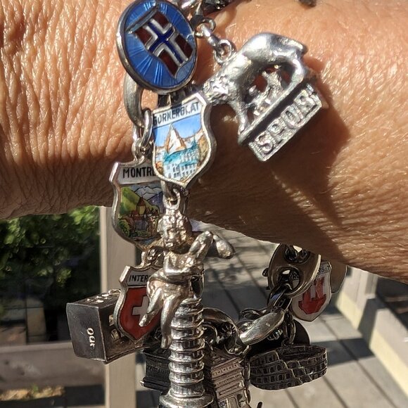 Sterling Silver Charm Bracelet 27 Sterling Charms Travel 64.8 Grams 7.5" Vintage - Picture 2 of 16